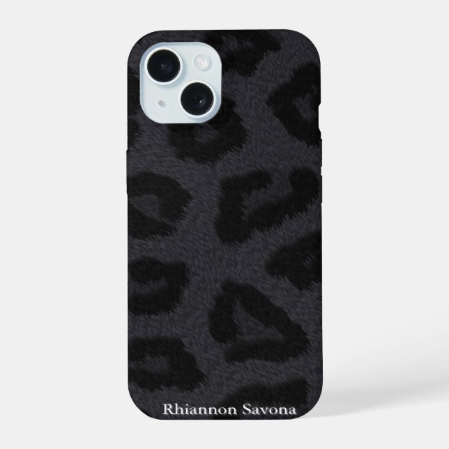 Coque iPhone 15 Fourrure de panthère noire avec nom (Verso)