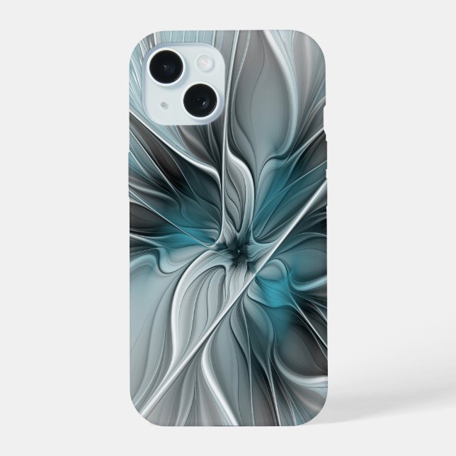 Coque iPhone 15 Fractal Floral Moderne Abstrait Fleur Bleu Gris (Verso)