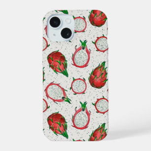 Coque iPhone 15 Fruit du dragon rouge sur fond blanc cassé