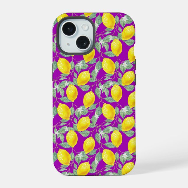 COQUE iPhone 15 FRUITS DE CITRON FOND VIOLET (Verso)