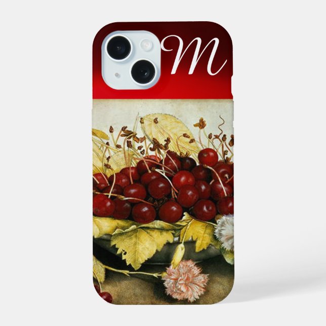 Coque iPhone 15 FRUITS DE SAISON / CERISES ET ŒILLETS Monogramme (Verso)
