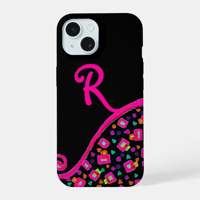 COQUE iPhone 15 FUCHSIE ROSE NOIR DÉCO MONOGRAM ABSTRAIT (Verso)