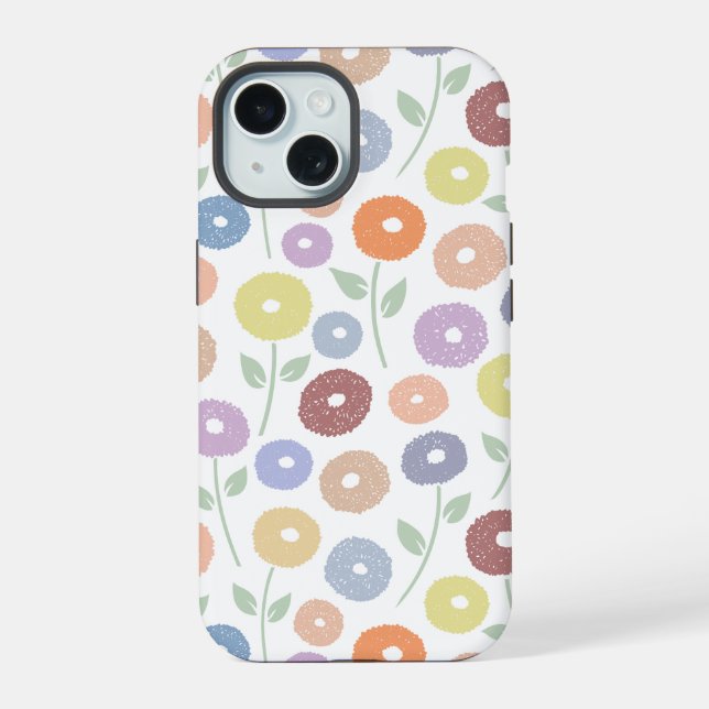 Coque iPhone 15 Fuzzy Flower Rpt Pattern Pastels on White (Verso)