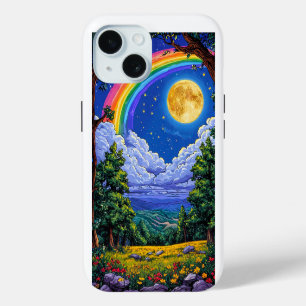 Coque iPhone 15 Galaxie Lune Étoiles Espace Design Arc-en-ciel Cél
