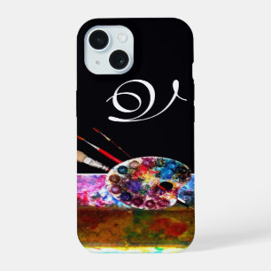 COQUE iPhone 15 GAMME DE COULEURS D'ARTISTE ET PINCEAUX MONOGRAMME