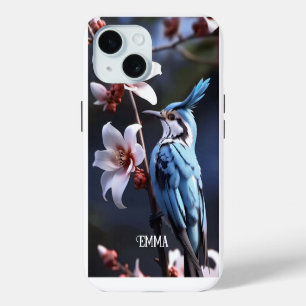 Coque iPhone 15 Geai bleu et fleurs nom personnalisé