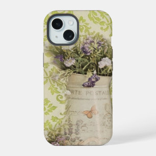 Coque iPhone 15 Gentiane damas lavande fleur rustique campagne fra