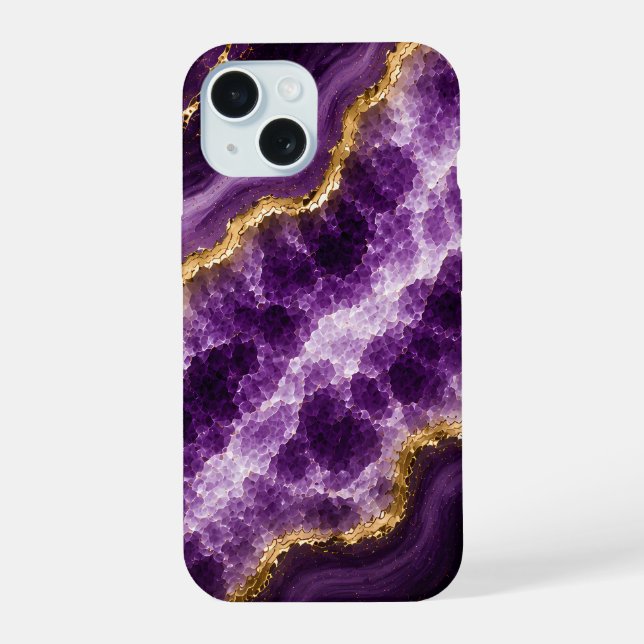 Coque iPhone 15 Géode de marbre d'améthyste de luxe (Verso)
