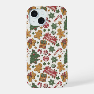 Coque iPhone 15 Gingerpain biscuits, bonbons et arbres de Noël,
