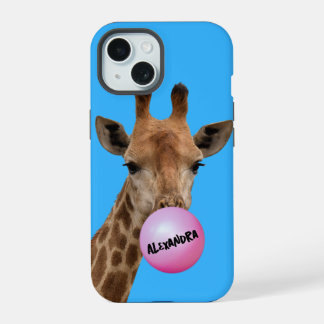 Coque iPhone 15 Girafe soufflant une bulle de chewing-gum