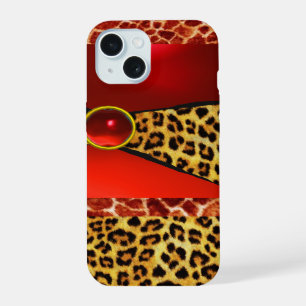 COQUE iPhone 15 GIRAFFE IMPRIMÉE PEAU DE LÉOPARD ROUGE RUBIS PIERR