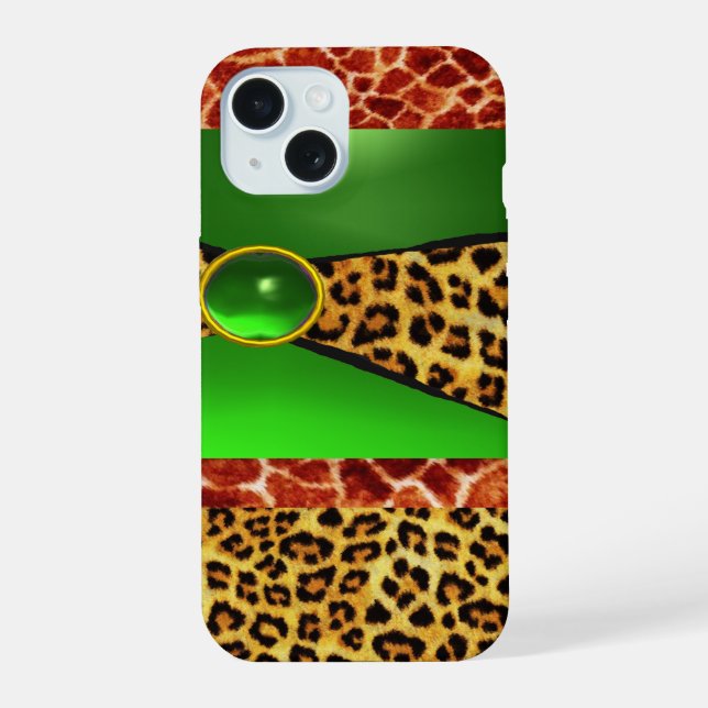 COQUE iPhone 15 GIRAFFE IMPRIMÉE PEAU DE LÉOPARD VERTE ÉMERAUDE GE (Verso)