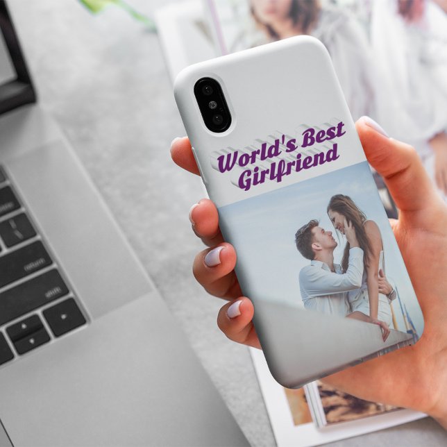 Coque iPhone 15 Girlfriend Photo typographie violette (Créateur téléchargé)