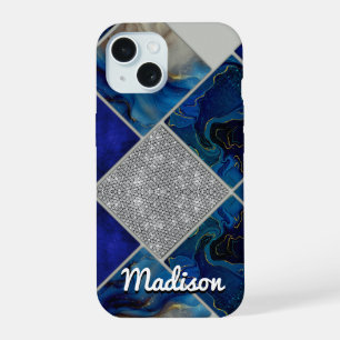 Coque iPhone 15 Girly chic faux Pailleté géométrique bleu argenté