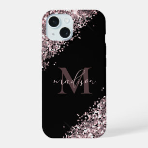 Coque iPhone 15 Glam Monogram Pailleté Rose Gold