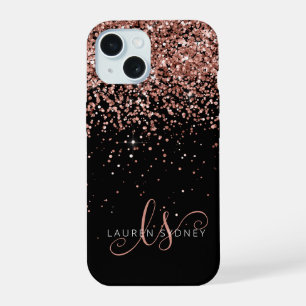 Coque iPhone 15 Glam Rose Gold Pailleté Monogramme Élégant