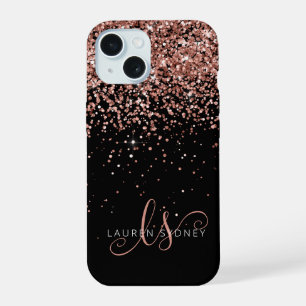 Coque iPhone 15 Glam Rose Gold Parties scintillant Élégant Monogra