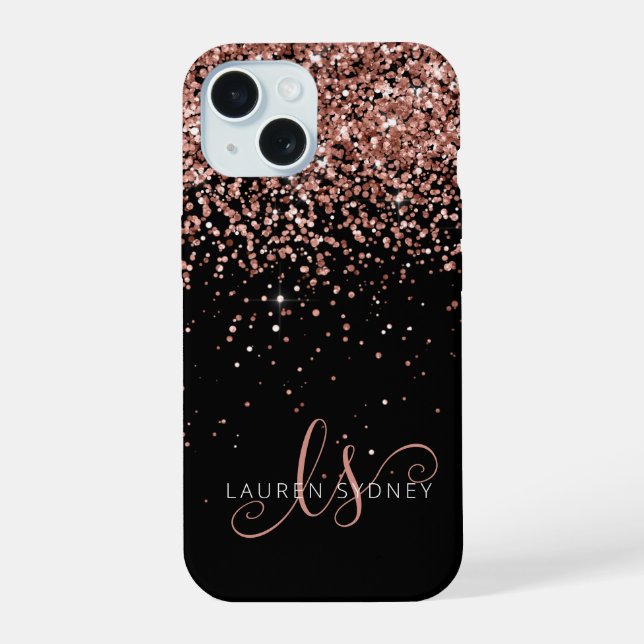 Coque iPhone 15 Glam Rose Gold Parties scintillant Élégant Monogra (Verso)