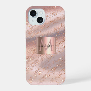 Coque iPhone 15 Glamour Rose Gold Pailleté Monogramme Féminin