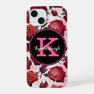 Coque iPhone 15 Glamour Roses Rose Marbre Diamant Monogramme Nom
