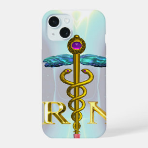 Coque iPhone 15 GOLD CADUCEUS SYMBOLE INFIRMIER INSCRIT Bleu clair