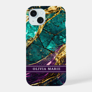 Coque iPhone 15 Gold Parties scintillant Turquoise et Purple Gemst