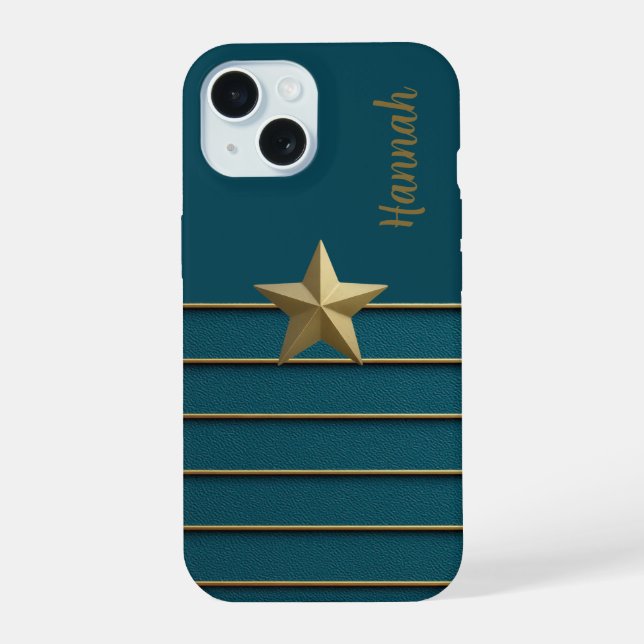 Coque iPhone 15 Gold Star sur Turquoise (Verso)