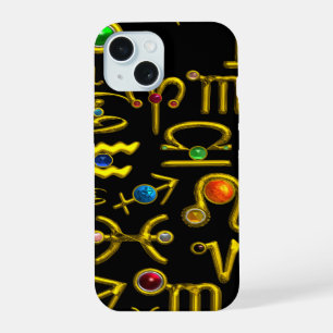 COQUE iPhone 15 GOLD ZODIAC BIJOUX D'ANNIVERSAIRE, PIERRES À JEUX,
