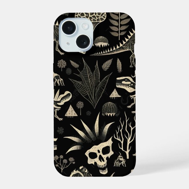 Coque iPhone 15 Gothic Dinosaur Skeleton Engraving Pattern  (Verso)