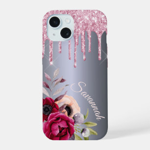 Coque iPhone 15 Gouttes rose argenté écriture nom floral