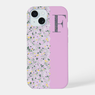 Coque iPhone 15 Grandmillenial MONOGRAMME F LILAS PETITES FLEURS