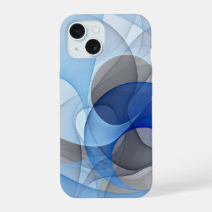Coque iPhone 15 Graphique d'art fractal gris bleu Abstrait moderne