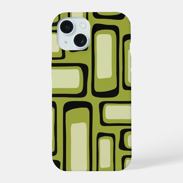 Coque iPhone 15 Grille rectangle arrondi vert milieu du siècle rét (Verso)