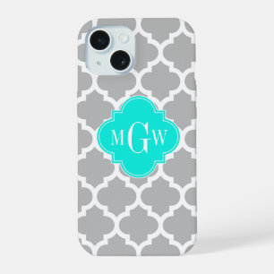 Coque iPhone 15 Gris Blanc Marocain #5 Brt Aqua 3 Monogramme Initi