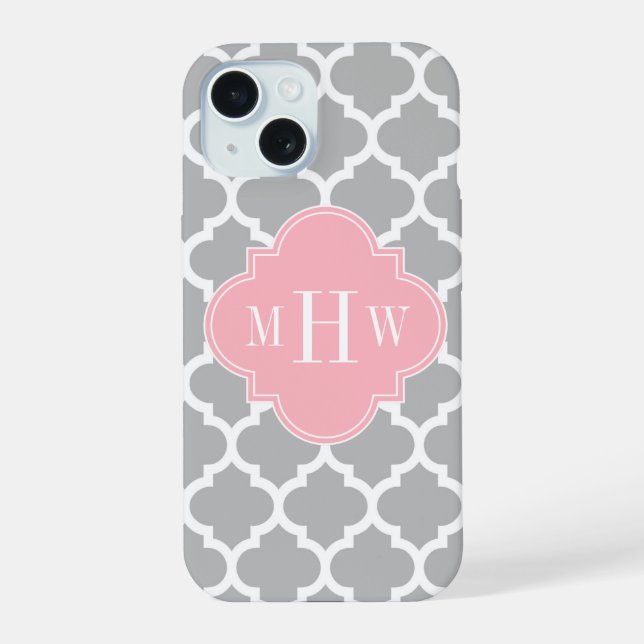 Coque iPhone 15 Gris Blanc Marocain #5 Rose 3 Monogramme Initial (Verso)