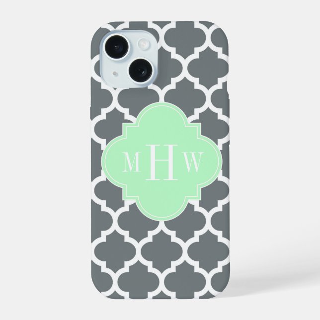Coque iPhone 15 Gris Charbon Blanc Marocain #5 Menthe Nom Monogram (Verso)
