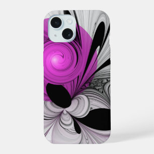 Coque iPhone 15 Gris Noir Abstrait Avec Art Fractal Magenta