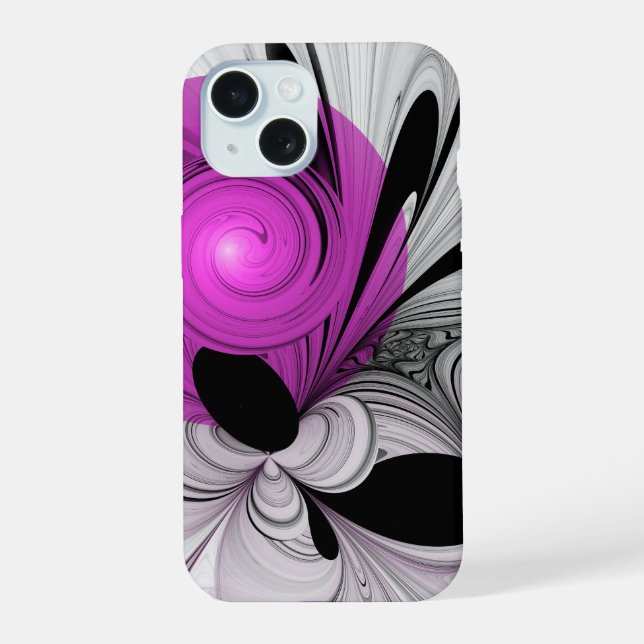 Coque iPhone 15 Gris Noir Abstrait Avec Art Fractal Magenta (Verso)