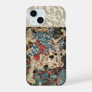 Coque iPhone 15 GUERRIÈRE JAPONAISE TUANT UN CHAT MONSTREUX Ukiyoe