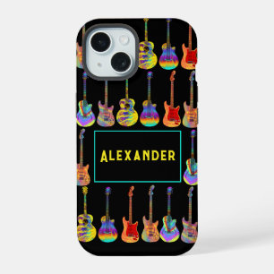 Coque iPhone 15 Guitares Motif d'art pop psychédélique funky Ajout