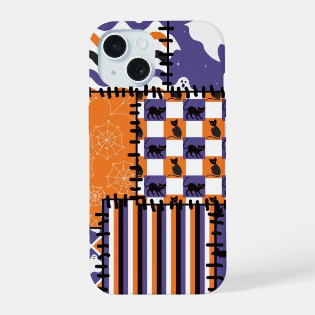 Coque iPhone 15 Halloween Patchwork Chats Fantômes (Verso)
