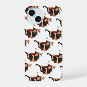 Coque iPhone 15 Halloween vintage, sorcière fille avec chat noir