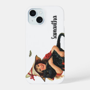 Coque iPhone 15 Halloween vintage, sorcière fille avec chat noir