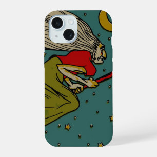 Coque iPhone 15 Halloween vintage, sorcière maléfique volant sur u
