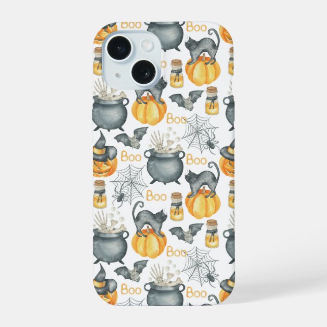 Coque iPhone 15 Halloween Whimsical Cauldron et Motif de chats (Verso)