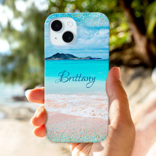 Coque iPhone 15 Hawaii Sandy Beach Ocean Blue Gold Confetti Nom