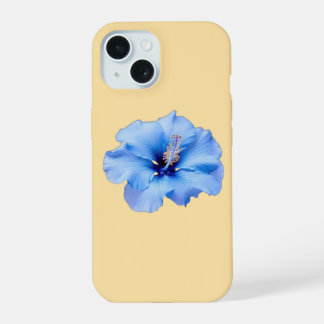 Coque iPhone 15 Hibiscus Tropical Fleur Bleu Vibrant sur Fond Jaun