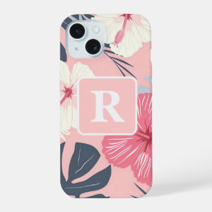 Coque iPhone 15 Hibiscus tropical personnalisé Monogramme
