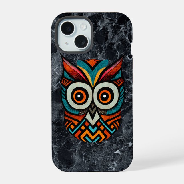 Coque iPhone 15 Hibou aztèque (Verso)