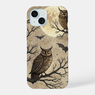 Coque iPhone 15 Hiboux et lune d'Halloween vintage